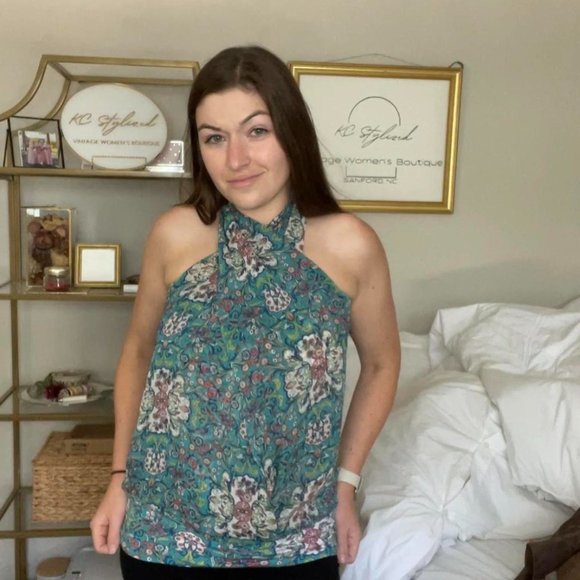 Y2K Blue/Green Floral Convertible Halter Top, by Bisou Bisou, Size M/L - Picture 1 of 2